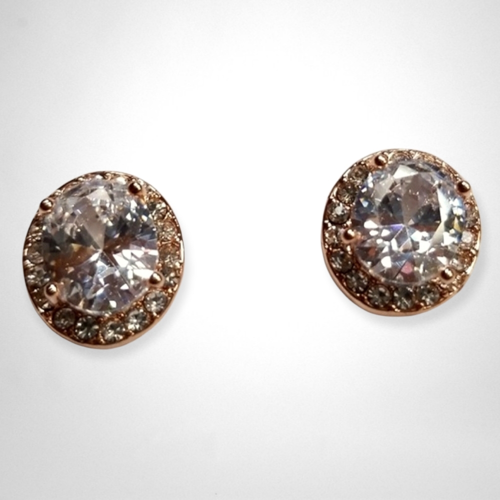 Cubic Zirconia Rose Gold Post Back Oval Earrings For Pierced Ears - Picture 5 of 12